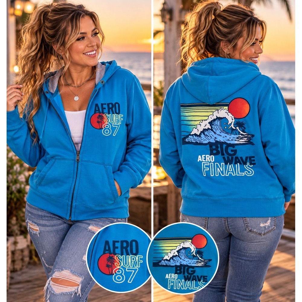 Y2K Aeropostale Aero Surf 87 Big Wave Finals Blue Zip Hoodie S/P Small retro